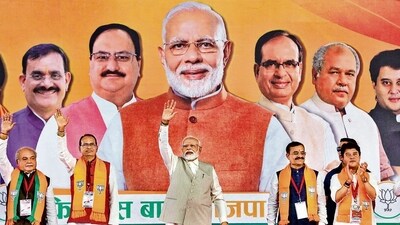 PM Modi, accompanied by Union ministers Jyotiraditya Scindia, Narendra Singh Tomar, MP chief minister Shivraj Singh Chouhan and state BJP President VD Sharma in Bhopal on Monday. (PTI) PM Modi, accompanied by Union ministers Jyotiraditya Scindia, Narendra Singh Tomar, MP chief minister Shivraj Singh Chouhan and state BJP President VD Sharma in Bhopal on Monday. (PTI)