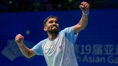Srikanth Kidambi celebrates after winning his match against South Korea's Cho Geonyeop during the semi-final of Men's Team badminton event at the 19th Asian Games, in Hangzhou, China (PTI) Srikanth Kidambi celebrates after winning his match against South Korea's Cho Geonyeop during the semi-final of Men's Team badminton event at the 19th Asian Games, in Hangzhou, China (PTI)