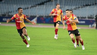 Cleiton Silva (R) of East Bengal FC celebrates after scoring a goal during the ISL 2023-24 match against Hyderabad FC (PTI) Cleiton Silva (R) of East Bengal FC celebrates after scoring a goal during the ISL 2023-24 match against Hyderabad FC (PTI)