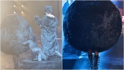 A model dressed as giant furball gets lost on runway and crashes into crowd at Christian Cowan show. (Instagram) A model dressed as giant furball gets lost on runway and crashes into crowd at Christian Cowan show. (Instagram)