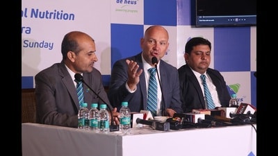 Rutger Oudejans, business group director (premix & specialties) and country director, De Heus, India, giving details about the project at a press conference in Chandigarh. (HT Photo) Rutger Oudejans, business group director (premix & specialties) and country director, De Heus, India, giving details about the project at a press conference in Chandigarh. (HT Photo)