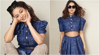 Shehnaaz styled the ensemble with eye-catching taupe-coloured suede boots in thigh-high length featuring killer high heels and a pointed front. For accessories, she chose dainty ear studs and black-tinted broad-frame sunglasses. (Instagram) Shehnaaz styled the ensemble with eye-catching taupe-coloured suede boots in thigh-high length featuring killer high heels and a pointed front. For accessories, she chose dainty ear studs and black-tinted broad-frame sunglasses. (Instagram)