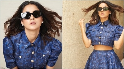 Shehnaaz's co-ord ensemble is from the shelves of the fashion label Pink Porcupines by designer Anikate Satam. It features a cropped blouse and a mini skirt. The actor posted her look in the outfit on Instagram with the caption, "Not feeling blue at all! [blue heart emoji]." Celebrity stylists Manisha Melwani and Devanshi Tuli styled Shehnaaz in the ensemble.&nbsp; (Instagram)