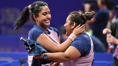 Sutirtha Mukherjee (R) and Ayhika Mukherjee (L) celebrate their win against China's Chen Meng and Wang Yidi in the women's doubles quarter-final table tennis match during the Asian Games in Hangzhou (AFP) Sutirtha Mukherjee (R) and Ayhika Mukherjee (L) celebrate their win against China's Chen Meng and Wang Yidi in the women's doubles quarter-final table tennis match during the Asian Games in Hangzhou (AFP)
