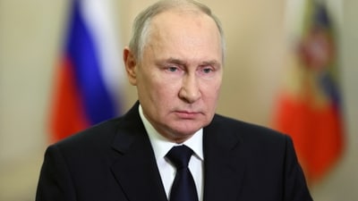 Russian President Vladimir Putin gives a televised address to mark the one-year anniversary of the declared annexation of the Russian-controlled territories of Ukraine (via REUTERS)