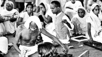 Mohandas Karamchand Gandhi at a Charkha demonstration in New Delhi in April 1946. For Gandhi, the charkha was a symbol of self-reliance (Underwood Archives/ Getty) Mohandas Karamchand Gandhi at a Charkha demonstration in New Delhi in April 1946. For Gandhi, the charkha was a symbol of self-reliance (Underwood Archives/ Getty)