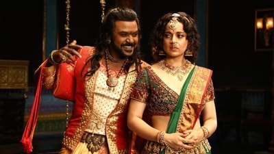 Raghava Lawrence and Kangana Ranaut in a still from Chandramukhi 2. Raghava Lawrence and Kangana Ranaut in a still from Chandramukhi 2.