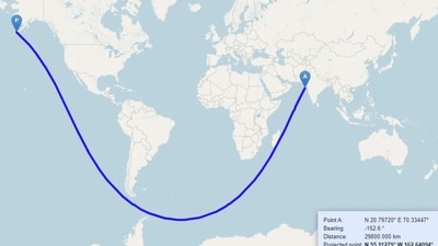 Elon Musk reacted to this map that shows the sea route between India and the United States. (X/@Locati0ns) Elon Musk reacted to this map that shows the sea route between India and the United States. (X/@Locati0ns)