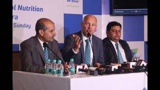 Rutger Oudejans, business group director (premix & specialties) and country director, De Heus, India, giving details about the project at a press conference in Chandigarh. (HT Photo)