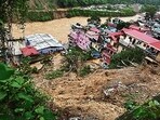 Buildings washed away in Mandi in Himachal Pradesh after torrential rains. Buildings washed away in Mandi in Himachal Pradesh after torrential rains.