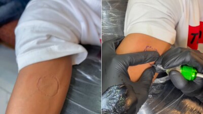 The image shows a man getting a tattoo of a bite mark on his arm. (Instagram/@skytattoos111) The image shows a man getting a tattoo of a bite mark on his arm. (Instagram/@skytattoos111)
