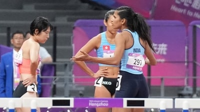 India's Jyothi Yarraji reacts before the start of women's 100-meter hurdle final at the 19th Asian Games in Hangzhou (PTI)