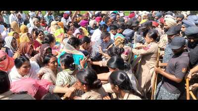 The protesters were seeking regularisation of their services and hike in their salaries. (HT photo)