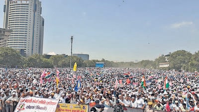 Thousands of government employees at Ramlila Maidan, in New Delhi on Sunday. (PTI) Thousands of government employees at Ramlila Maidan, in New Delhi on Sunday. (PTI)