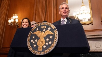 U.S. House Speaker Kevin McCarthy (R-CA) speaks with members of the media alongside Republican Conference Chair Rep. Elise Stefanik (R-NY) following passage in the House of a 45 day continuing resolution on September 30, 2023. (Getty Images via AFP) U.S. House Speaker Kevin McCarthy (R-CA) speaks with members of the media alongside Republican Conference Chair Rep. Elise Stefanik (R-NY) following passage in the House of a 45 day continuing resolution on September 30, 2023. (Getty Images via AFP)
