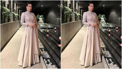 For her stunning ethnic look, Karisma chose an ethereal anarkali suit from the shelves of the fashion brand Jayanti Reddy. It features a small neckline, full sleeves, a pleated hem and an embroidered bodice. She paired it with a matching dupatta to complement her outfit. (Instagram/@therealkarismakapoor) For her stunning ethnic look, Karisma chose an ethereal anarkali suit from the shelves of the fashion brand Jayanti Reddy. It features a small neckline, full sleeves, a pleated hem and an embroidered bodice. She paired it with a matching dupatta to complement her outfit. (Instagram/@therealkarismakapoor)
