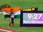 Silver medallist Parul Chaudhary celebrate after the women's 3000m steeplechase event at the ongoing Asian Games in Hangzhou(ANI)