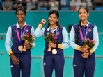 Bronze medalists of India, Karthika Jagadeeswaran, left, Aarathy Kasturi Raj, center, and Heeral Sadhu pose on the podium during the awards ceremony of the women's Speed Skating 3000 meter Relay Race at 19th Asian Games in Hangzhou Bronze medalists of India, Karthika Jagadeeswaran, left, Aarathy Kasturi Raj, center, and Heeral Sadhu pose on the podium during the awards ceremony of the women's Speed Skating 3000 meter Relay Race at 19th Asian Games in Hangzhou