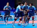 Indian players during their match against Chinese Taipei in the Women's Team kabaddi event at the 19th Asian Games