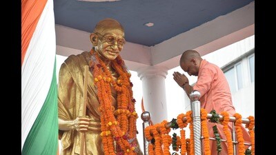Chief minister Yogi Adityanath paying tribute to Mahatma Gandhi in Gorakhpur on Monday (HT photo) Chief minister Yogi Adityanath paying tribute to Mahatma Gandhi in Gorakhpur on Monday (HT photo)