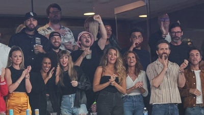 Taylor Swift, actor Ryan Reynolds, actor Hugh Jackman and friends watch the Kansas City Chiefs match at MetLife Stadium. Sophie Turner is also seen standing at the back.