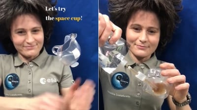 The image shows astronaut Samantha Cristoforetti pouring coffee into a space cup. (X/@esa) The image shows astronaut Samantha Cristoforetti pouring coffee into a space cup. (X/@esa)