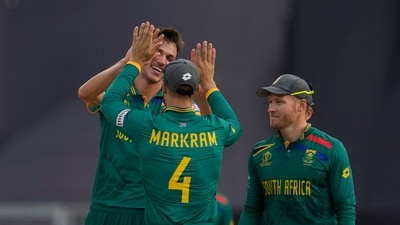 South Africa's Marco Jansen, left, celebrates the wicket New Zealand's Tom Latham (AP)
