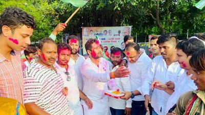 JD(U) supporters celebrate after the Bihar government released the caste survey report, in Patna on Monday. (ANI)