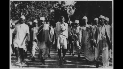 MK Gandhi during the Dandi March in 1930. (HT Photo)