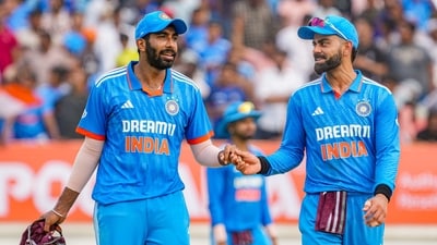 Jasprit Bumrah and Virat Kohli after the dismissal of Australia's Glenn Maxwell (unseen) during the third ODI match (PTI) Jasprit Bumrah and Virat Kohli after the dismissal of Australia's Glenn Maxwell (unseen) during the third ODI match (PTI)