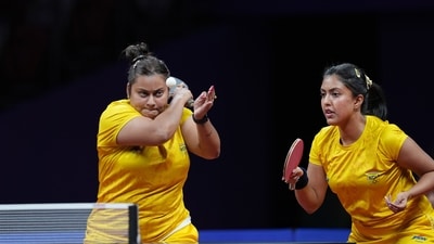Hangzhou: India's Sutirtha Mukherjee (L) and Ayhika Mukherjee in action against Korean pair of Suyong Cha and Sugyong Pak in the women's doubles semifinal match of table tennis at the 19th Asian Games, in Hangzhou. (PTI) Hangzhou: India's Sutirtha Mukherjee (L) and Ayhika Mukherjee in action against Korean pair of Suyong Cha and Sugyong Pak in the women's doubles semifinal match of table tennis at the 19th Asian Games, in Hangzhou. (PTI)