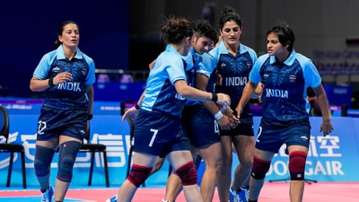Indian players during their match against Chinese Taipei in the Women's Team kabaddi event at the 19th Asian Games (PTI) Indian players during their match against Chinese Taipei in the Women's Team kabaddi event at the 19th Asian Games (PTI)