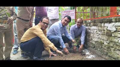 Postmaster general of Varanasi region Krishna Kumar Yadav planting sapling along with other officials on the premises of the head post office, Varanasi on Monday. (HT photo)