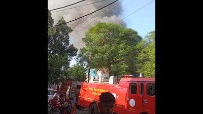Smoke billowing from the furniture factory in Industrial Area-Phase 2, Chandigarh, after a fire broke out on Monday morning. (HT Photo)