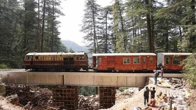 Train services on the Kalka-Shimla rail track resumed on Monday after the stretch hit by a landslide at Summer Hill was repaired. (Deepak Sansta/HT) Train services on the Kalka-Shimla rail track resumed on Monday after the stretch hit by a landslide at Summer Hill was repaired. (Deepak Sansta/HT)