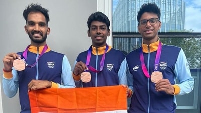 Anandkumar Velkumar, Vikram Rajendra Ingale and Siddhant Rahul Kamble won bronze in the men's roller skating 3000m relay final at the Asian Games (Twitter) Anandkumar Velkumar, Vikram Rajendra Ingale and Siddhant Rahul Kamble won bronze in the men's roller skating 3000m relay final at the Asian Games (Twitter)