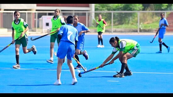 (In blue) Dhaka hockey team and (in green) Kila Raipur hockey team players in action during the Khedan Vatan Punjab Diyan season 2 in Ludhiana on Monday. (Gurpreet Singh/HT)