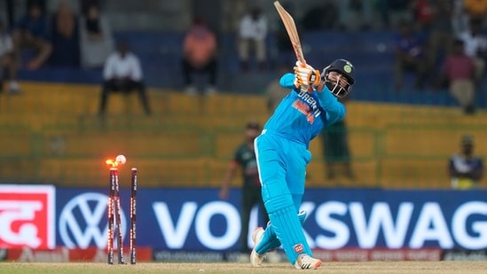 India's Ravindra Jadeja is bowled against Bangladesh in the Asia Cup. (AP)