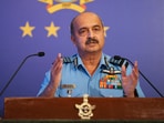 Chief of Air Staff Air Chief Marshal VR Chaudhari addresses a press conference ahead of the 91st Air Force Day celebrations on Oct. 8, in New Delhi.