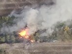 Russia-Ukraine War: A still picture from a drone footage shows military hardware on fire near Svitle in Zaporizhzhia region, Ukraine.