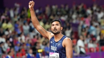 India's Tejaswin Shankar celebrates after competing at the men's decathlon at the 19th Asian Games in Hangzhou, China, (AP)