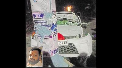 Mangled remains of the car on the National Highway near Ladhowal; and (inset) Bharat Kumar, the deceased. (HT Photo) Mangled remains of the car on the National Highway near Ladhowal; and (inset) Bharat Kumar, the deceased. (HT Photo)
