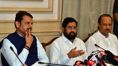 Mumbai: Maharashtra CM Eknath Shinde, Deputy CM Devendra Fadnavis, and Deputy CM Ajit Pawar addressing the media after meeting with All Party leaders on the Maratha Reservation issue, at Sahyadri Guest House, in Mumbai, Monday, Sept. 11, 2023. (PTI Photo)(PTI09_12_2023_000001B) (PTI) Mumbai: Maharashtra CM Eknath Shinde, Deputy CM Devendra Fadnavis, and Deputy CM Ajit Pawar addressing the media after meeting with All Party leaders on the Maratha Reservation issue, at Sahyadri Guest House, in Mumbai, Monday, Sept. 11, 2023. (PTI Photo)(PTI09_12_2023_000001B) (PTI)