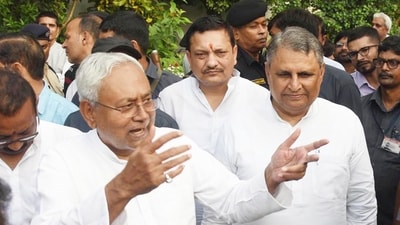 Bihar chief minister Nitish Kumar speaks with the media regarding the caste-based census report, Gandhi Sangrahalya in Patna  Bihar, India. (Photo by Santosh Kumar / Hindustan Times)