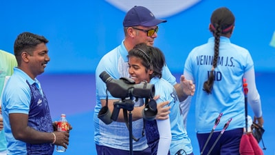 India's Aditi Gopichand Swami while competing against Jyothi Surekha Vennam in the semifinal match of women's compound individual archery event at the 19th Asian Games (PTI) India's Aditi Gopichand Swami while competing against Jyothi Surekha Vennam in the semifinal match of women's compound individual archery event at the 19th Asian Games (PTI)