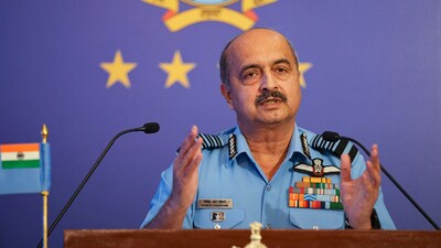Chief of Air Staff Air Chief Marshal VR Chaudhari addresses a press conference ahead of the 91st Air Force Day celebrations on Oct. 8, in New Delhi. (PTI) Chief of Air Staff Air Chief Marshal VR Chaudhari addresses a press conference ahead of the 91st Air Force Day celebrations on Oct. 8, in New Delhi. (PTI)