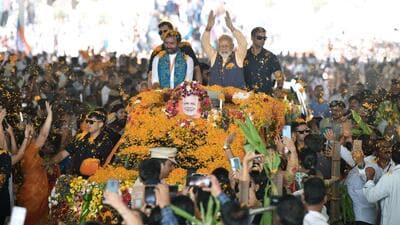 Prime Minister Narendra Modi greets the supporters at a public meeting, in Nizamabad on Tuesday (ANI) Prime Minister Narendra Modi greets the supporters at a public meeting, in Nizamabad on Tuesday (ANI)