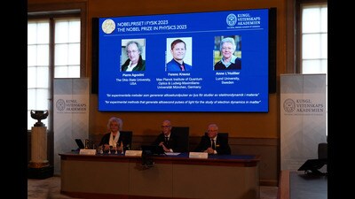 Scientists Pierre Agostini, Ferenc Krausz and Anne L'Huillier are announced as the winners of the 2023 Nobel Prize in Physics at a press conference in the Royal Swedish Academy of Sciences in Stockholm, Sweden, on Tuesday. (REUTERS) Scientists Pierre Agostini, Ferenc Krausz and Anne L'Huillier are announced as the winners of the 2023 Nobel Prize in Physics at a press conference in the Royal Swedish Academy of Sciences in Stockholm, Sweden, on Tuesday. (REUTERS)