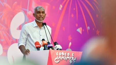 Maldives' President-elect of the Maldives' Mohamed Muizzu of the People's National Congress (PNC) party delivers a speech during a gathering with supporters following the country's presidential election, in Male on October 2, 2023. (AFP) Maldives' President-elect of the Maldives' Mohamed Muizzu of the People's National Congress (PNC) party delivers a speech during a gathering with supporters following the country's presidential election, in Male on October 2, 2023. (AFP)