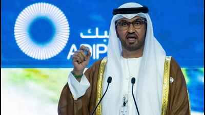 The president of the upcoming COP28 climate change Sultan Ahmed Al Jaber speaks during the Abu Dhabi International Petroleum Exhibition at ADNEC Exhibition Center on Monday. Jaber said that the fossil fuel industry would play an essential role in addressing the climate crisis. (AFP) The president of the upcoming COP28 climate change Sultan Ahmed Al Jaber speaks during the Abu Dhabi International Petroleum Exhibition at ADNEC Exhibition Center on Monday. Jaber said that the fossil fuel industry would play an essential role in addressing the climate crisis. (AFP)